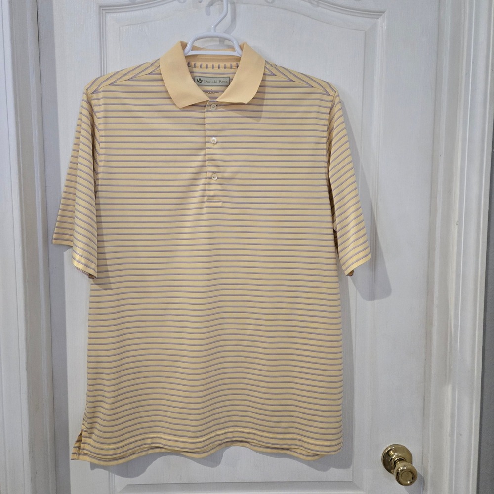 Donald Ross Polo Shirt Mens L Yellow Excellent Striped Golf FCC 1927‎ Logo